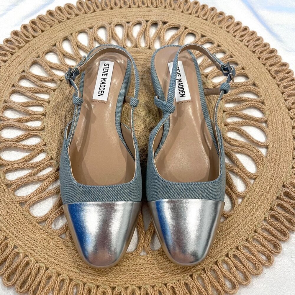 Steve Madden Belinda Adjustable Buckle Sling Back Flats Denim Silver 6 Y2K 90s - Picture 4 of 13